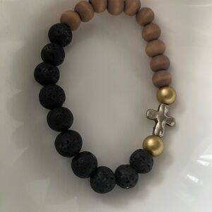 Black LAVA ROCK, wooden bead and Gold Beaded Bracelet with Silver Cross